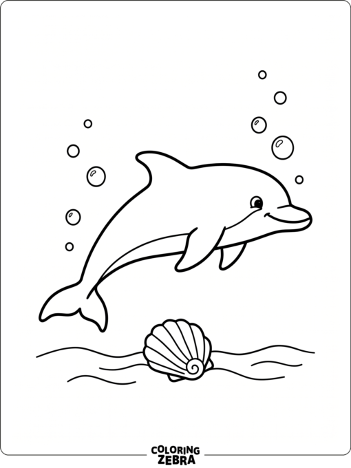 A plain dolphin near a seashell and bubbles