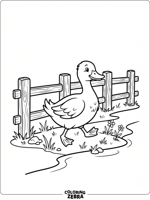 A simple duck walking near a fence
