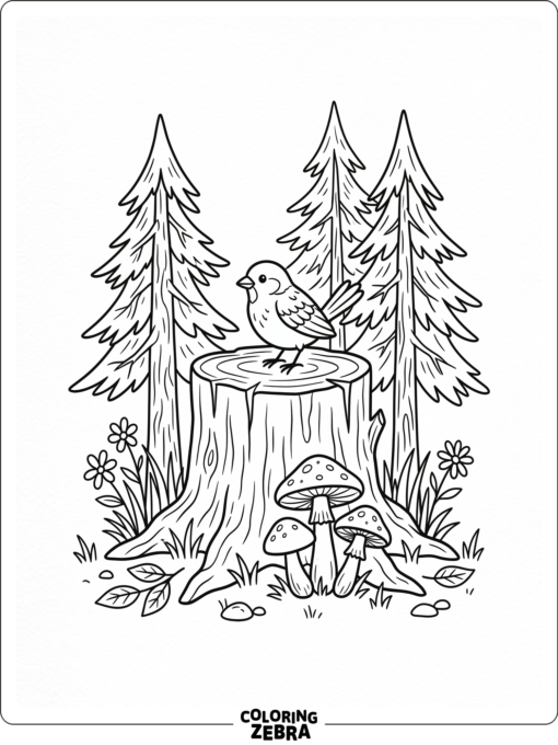 A simple woodland scene with trees, mushrooms, and a bird