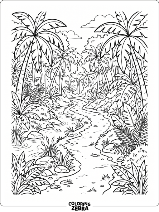A simple jungle path with palm leaves and rocks