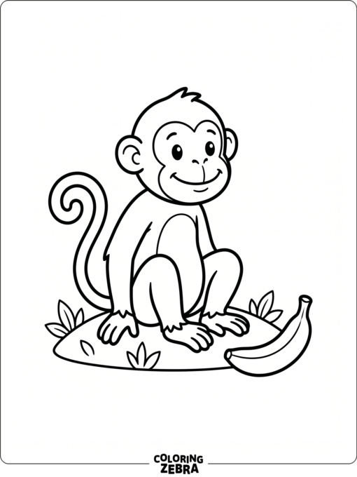 A simple monkey sitting with a banana nearby