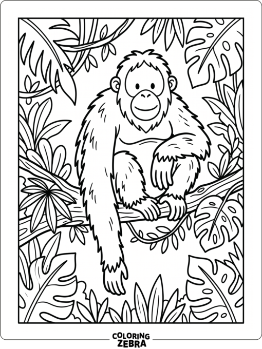 A simple orangutan sitting on a branch with clean leaves around it