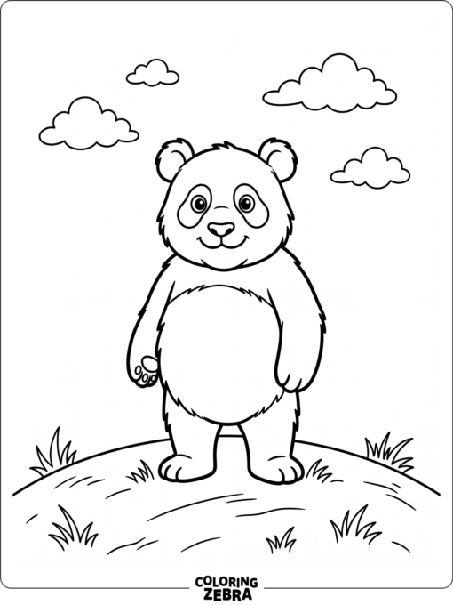 A panda stands on a hill beneath a few clouds