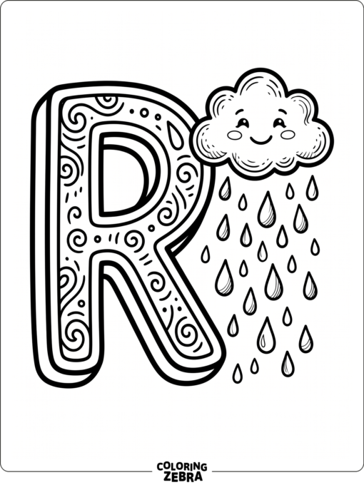 The letter R with raindrops and a cloud