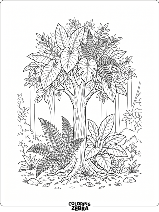A simple rainforest tree with ferns and broad leaves