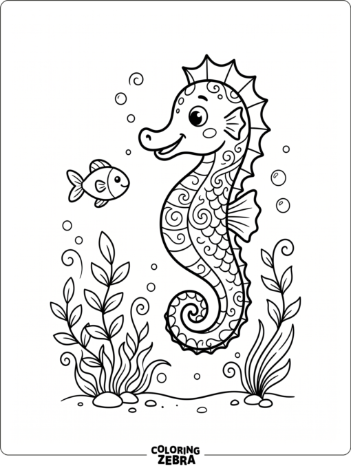 A cute seahorse floating near seaweed and a fish
