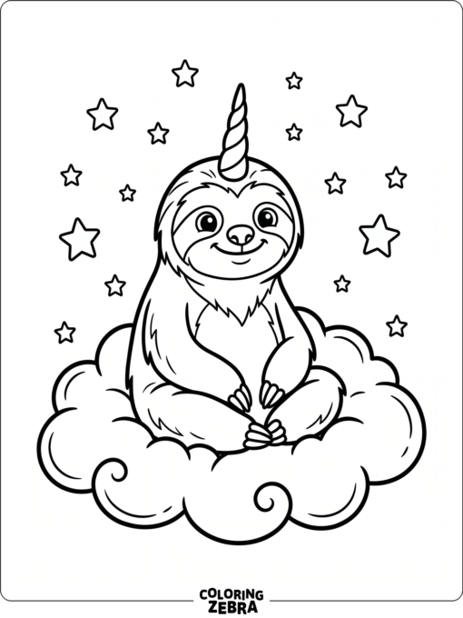 A sloth with a unicorn horn on a cloud