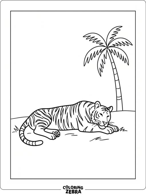 A simple tiger lying on its side near a palm tree