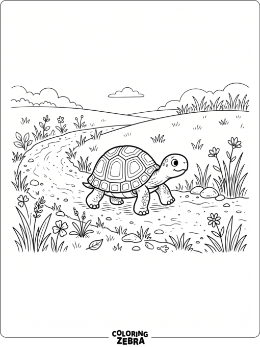 A simple turtle walking along a sandy path