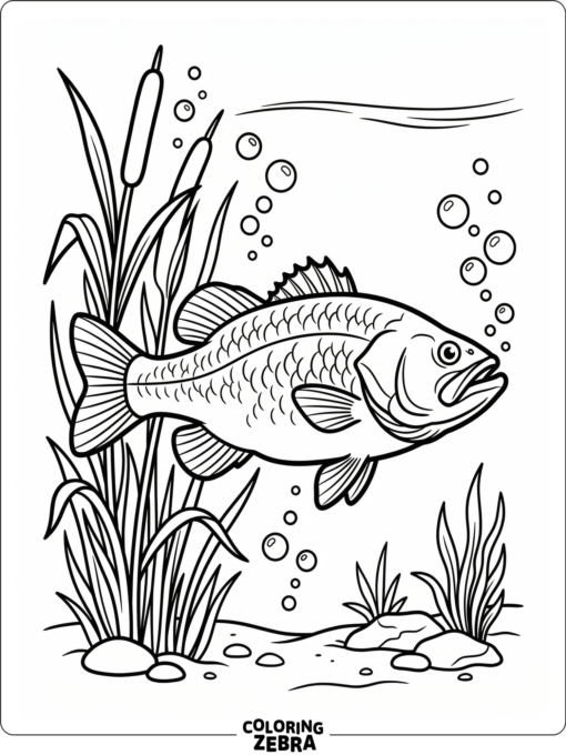 A bass fish gliding through water with reeds and bubbles