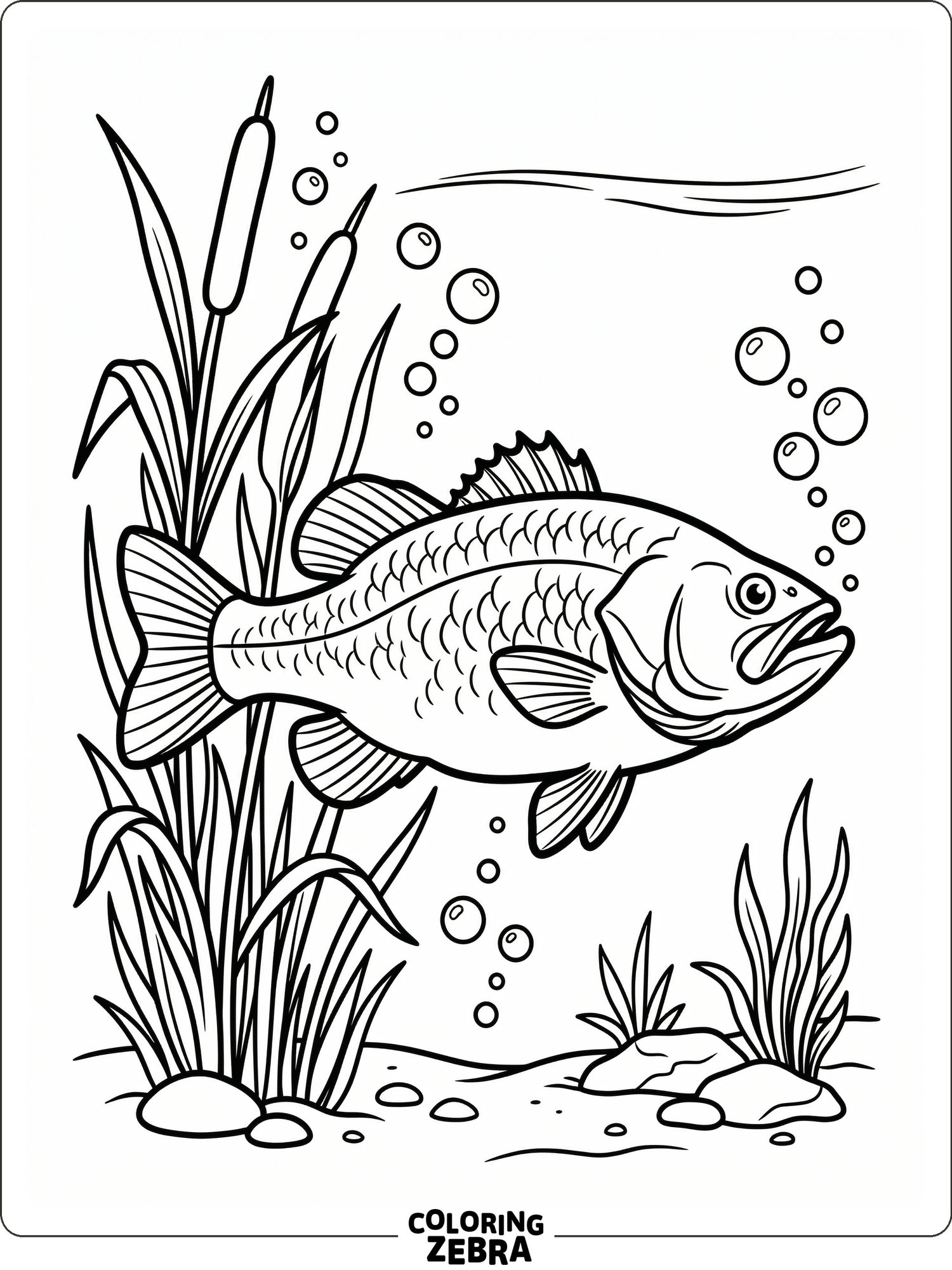 A bass fish gliding through water with reeds and bubbles