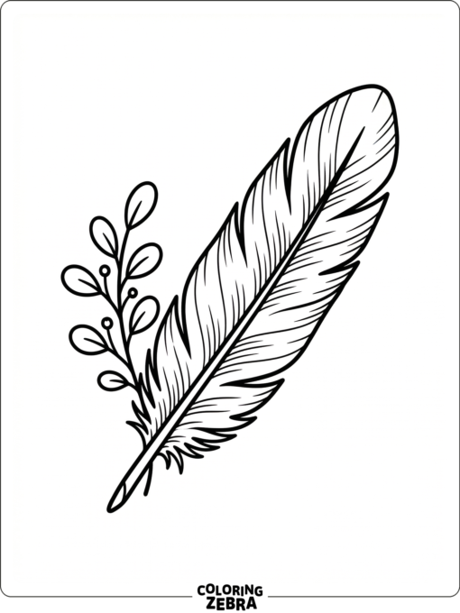 A detailed hawk feather with delicate lines and a tiny leaf sprig