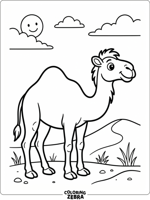 A one-hump camel near a low dune under a clear sky