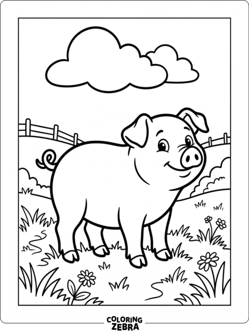 A single pig standing in a pasture