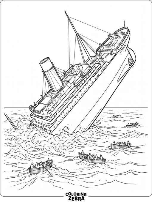 A sinking ship with foam and lifeboats on the water