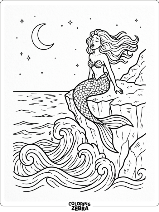A siren singing on a cliff above the waves