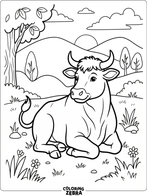 A bull sitting calmly in a plain field