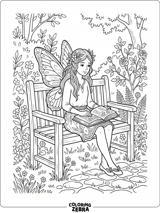 A sitting fairy reading a book on a bench