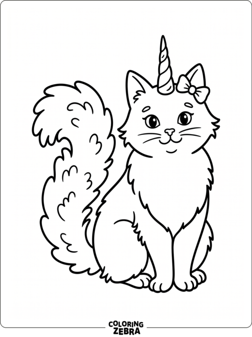A sitting unicorn cat with a fluffy tail