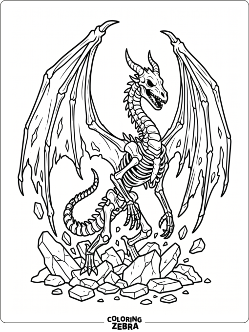 A skeleton dragon rising from broken stones