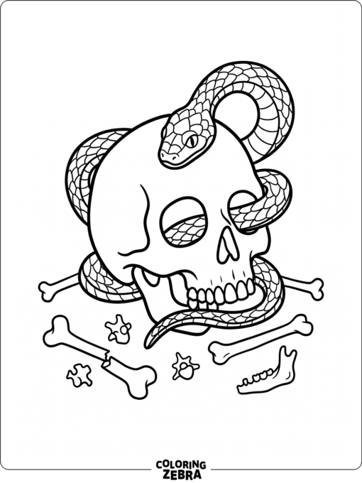 A snake curled around a skull