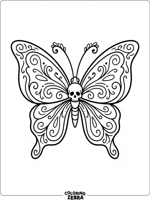A butterfly with a skull design and curled wing shapes
