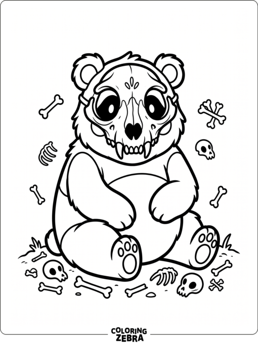 A panda with a skull mask and bones nearby