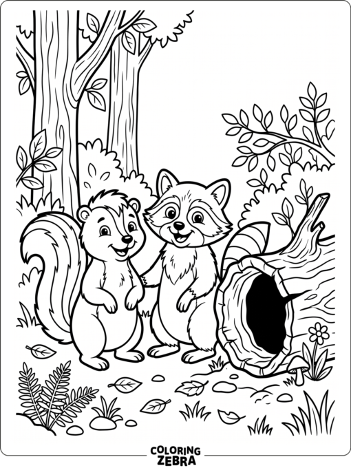 A skunk and raccoon standing near a log