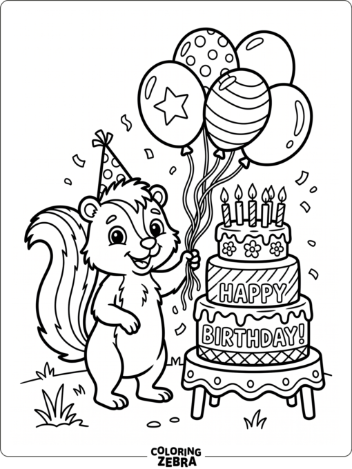 A skunk beside balloons and a birthday cake