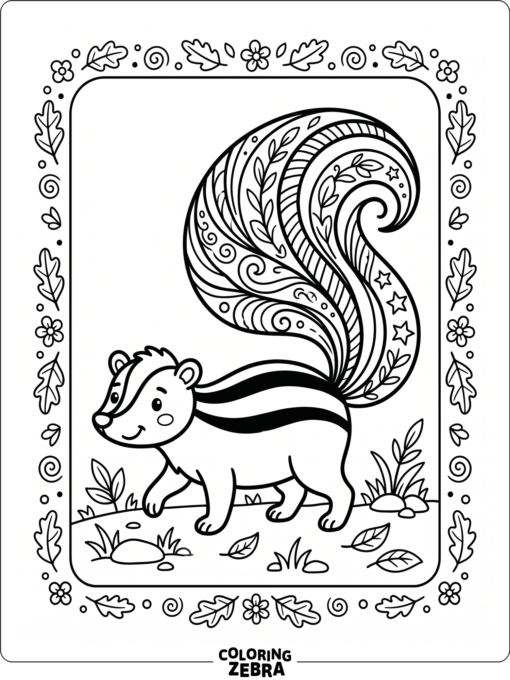 A skunk with a flowing tail and decorative leaves
