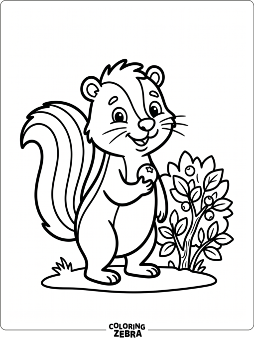 A skunk holding a berry near a bush