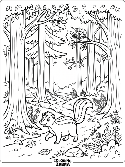 A skunk walking along a forest path
