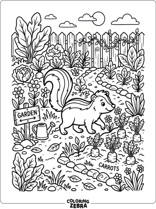 A skunk exploring a garden with plants