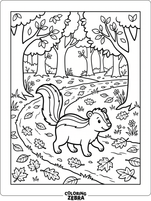 A skunk walking through fallen leaves