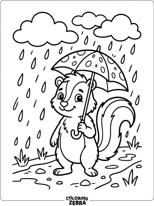 A skunk standing in the rain with an umbrella