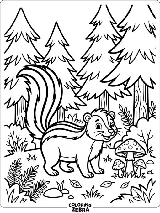 A skunk standing near mushrooms and pine trees