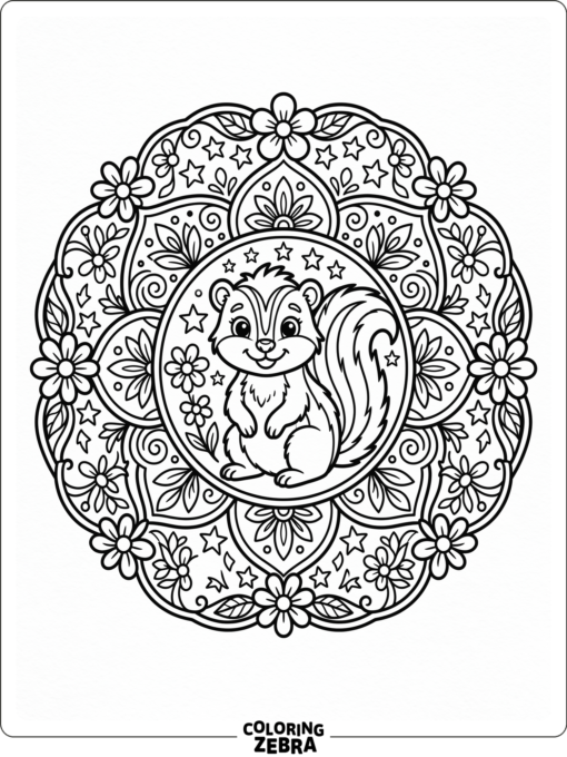 A skunk inside a circular mandala design