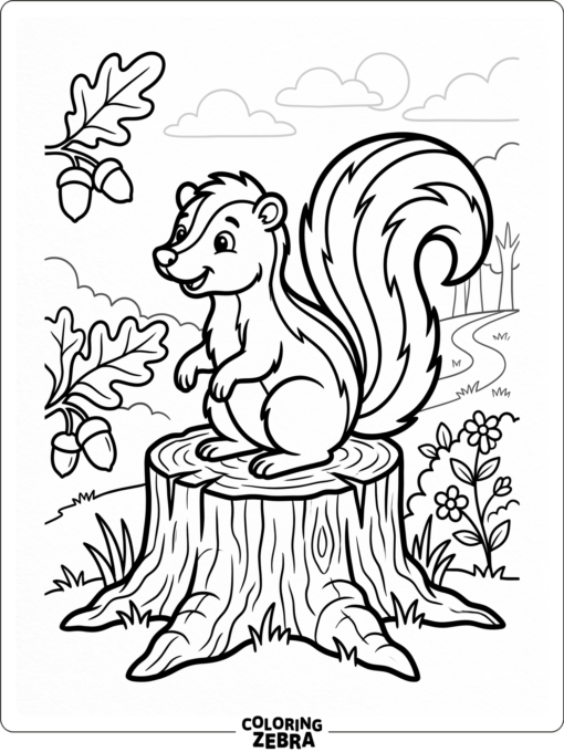 A skunk perched on a tree stump