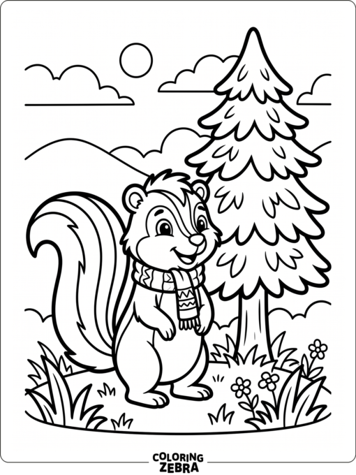 A skunk wearing a scarf beside a pine tree