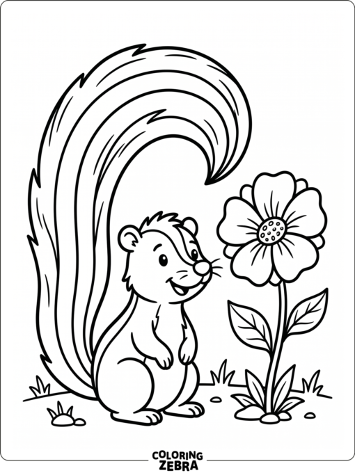 A skunk standing beside a single flower