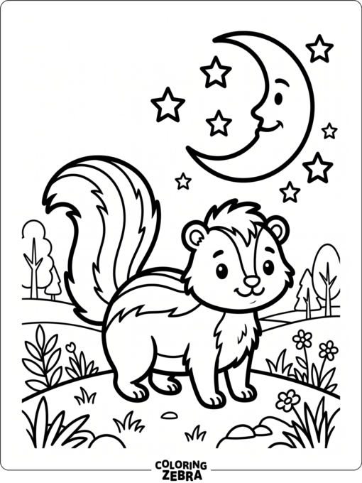 A skunk beneath a crescent moon and stars