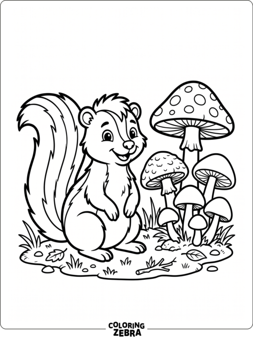 A skunk sitting beside mushrooms