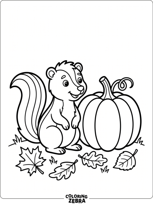 A skunk beside a pumpkin and leaves