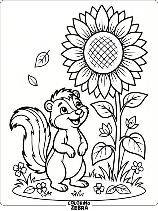 A skunk standing under a sunflower