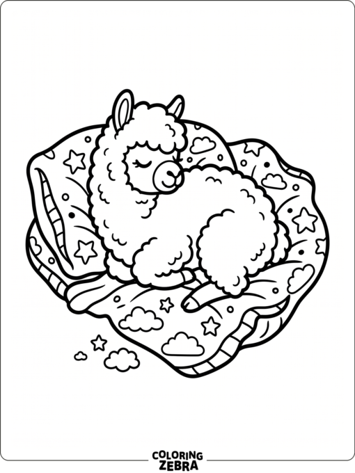 A sleeping alpaca curled up on a blanket