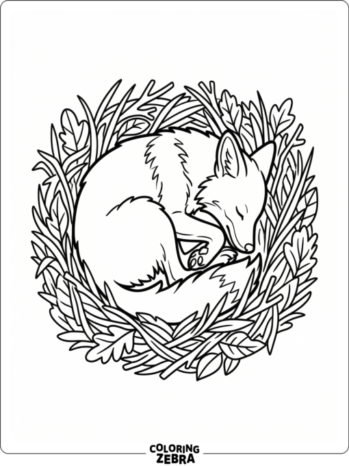 A sleeping coyote curled in grass and leaves