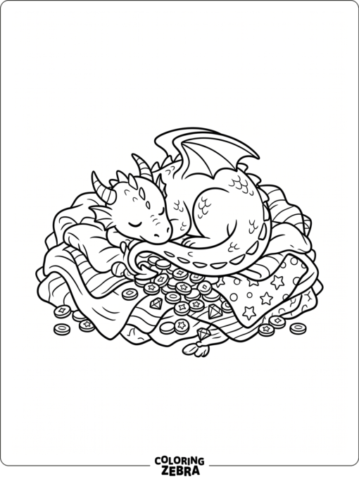A sleeping dragon on blankets and coins