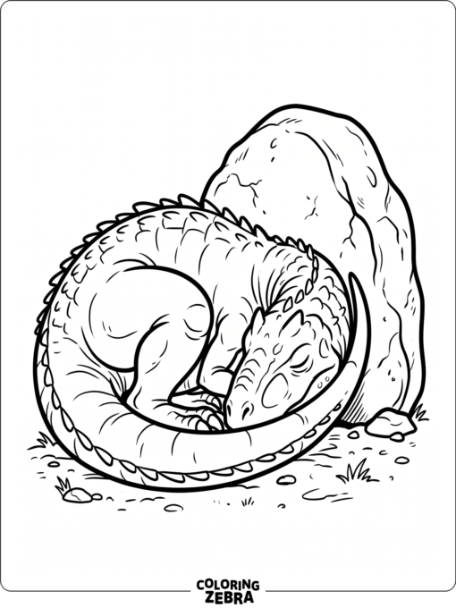 A sleeping indominus rex curled beside a rock