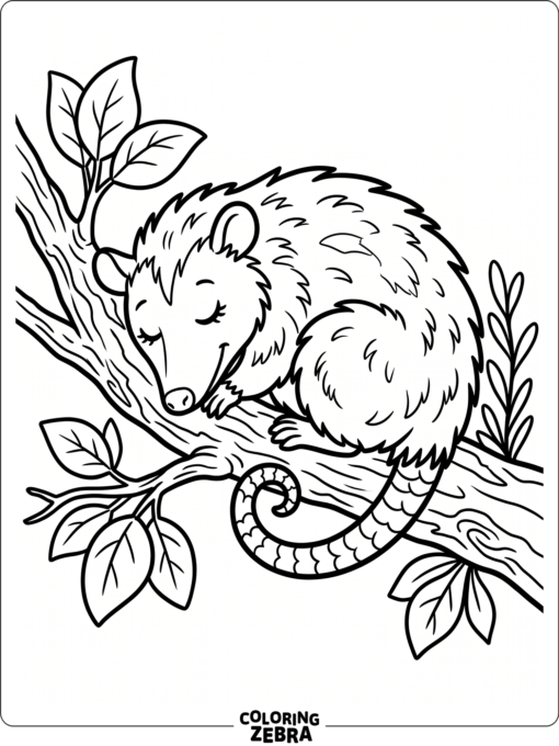 A sleeping opossum curled on a branch