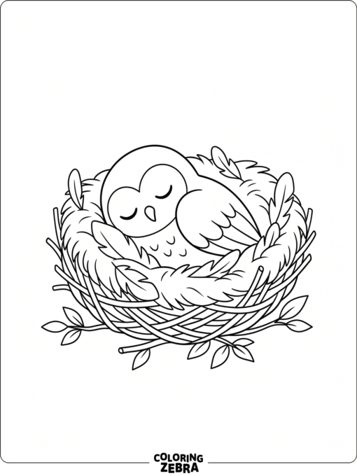 An owl under a crescent moon and pine trees